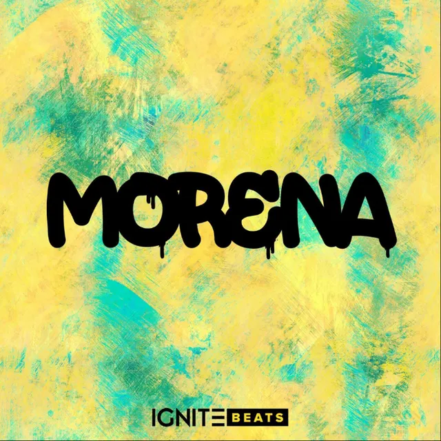 Artwork for Morena: black graffiti lettering on yellow and turquoise paint (view on Instagram)